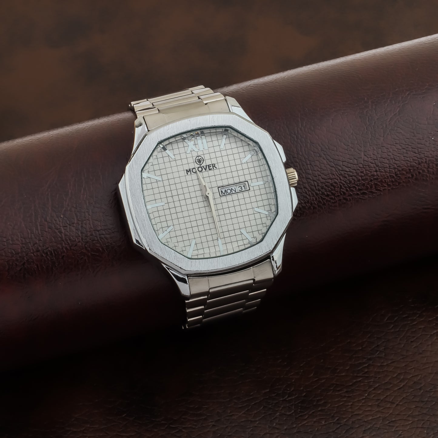 MOOVER Octagon Dial Men's Analog Watch with Day & Date Display – Stainless Steel Strap (Multiple Colors)