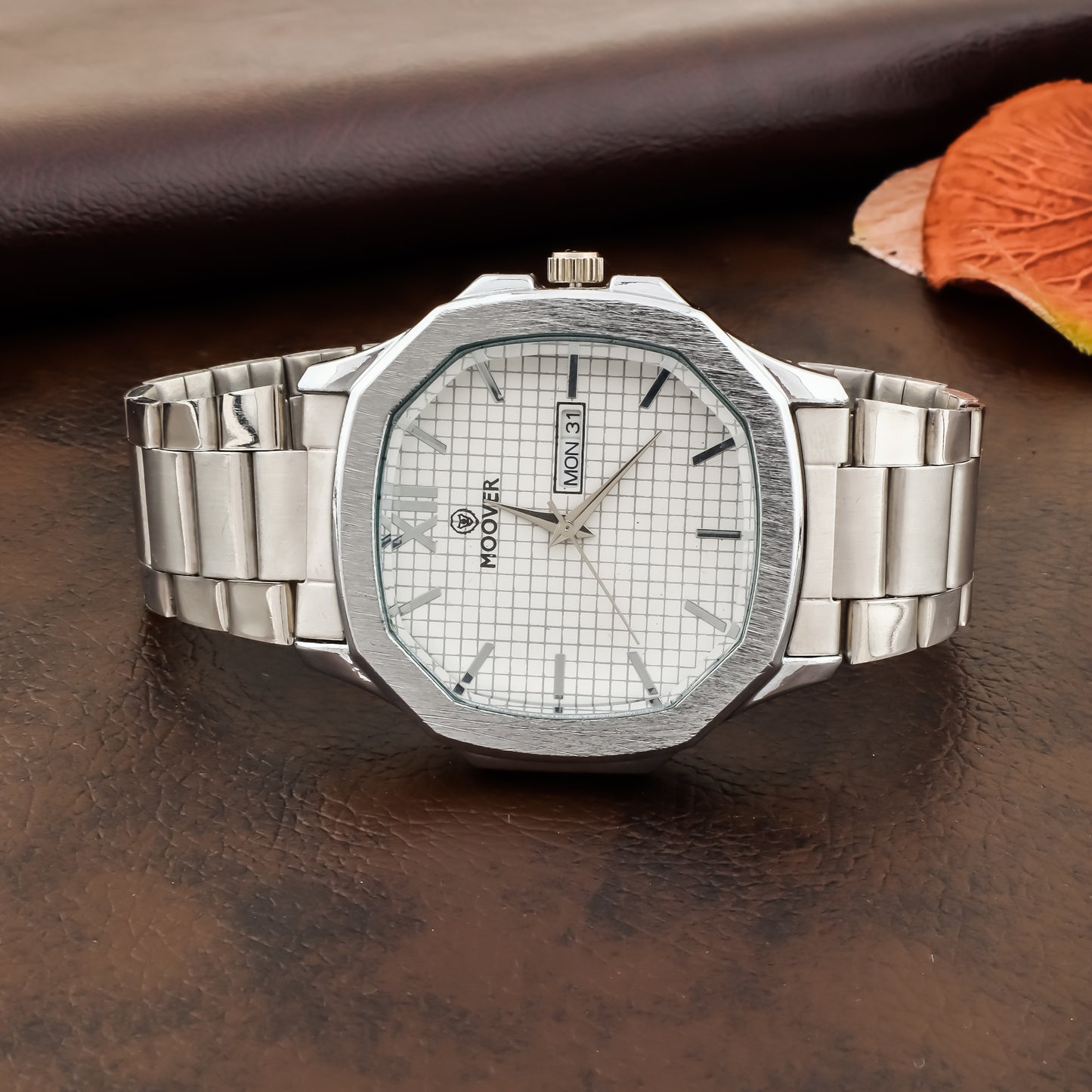 MOOVER Octagon Dial Men's Analog Watch with Day & Date Display – Stainless Steel Strap (Multiple Colors)