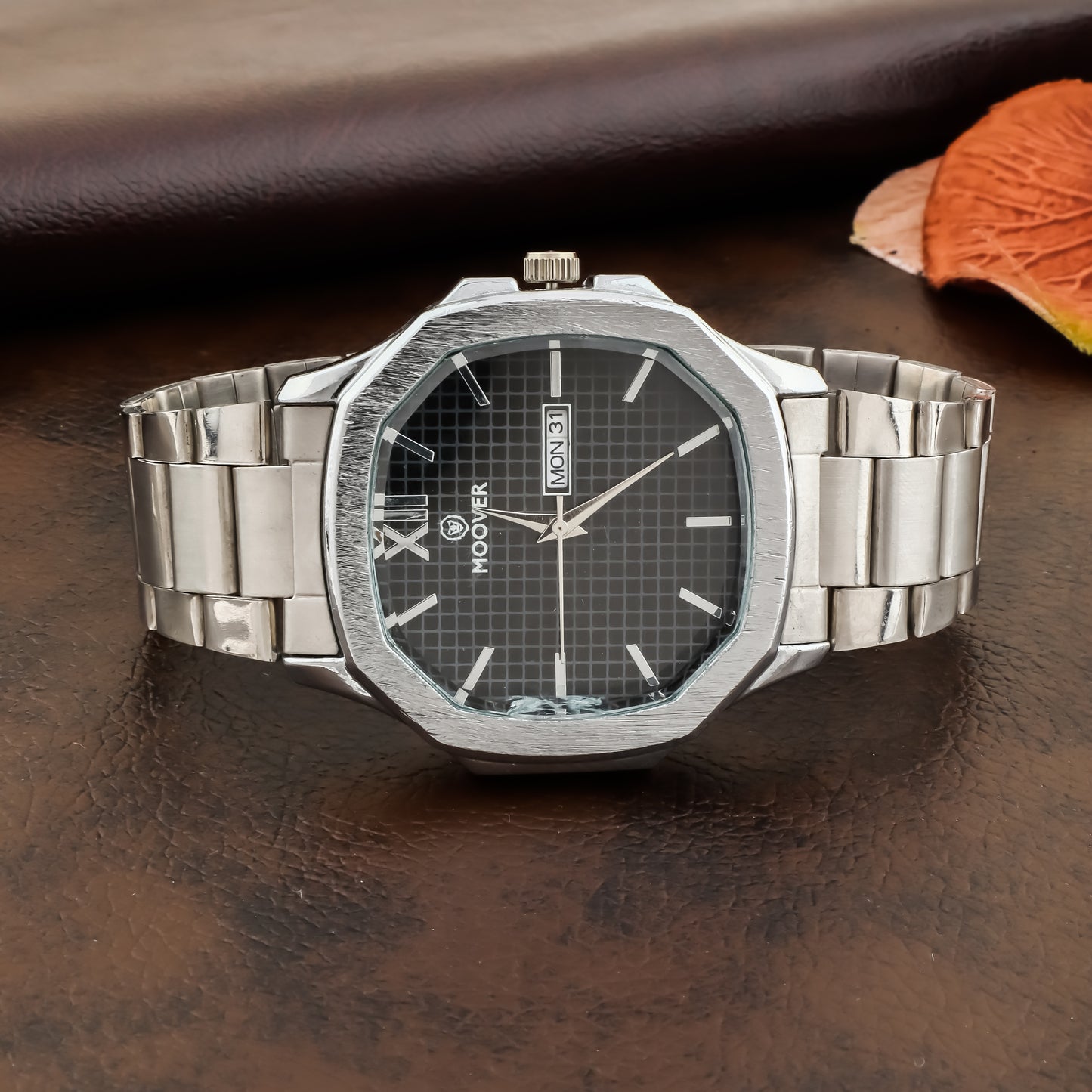 MOOVER Octagon Dial Men's Analog Watch with Day & Date Display – Stainless Steel Strap (Multiple Colors)