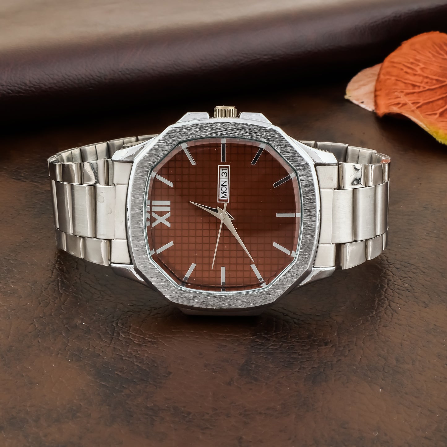 MOOVER Octagon Dial Men's Analog Watch with Day & Date Display – Stainless Steel Strap (Multiple Colors)
