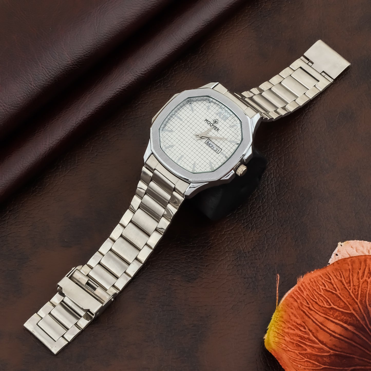 MOOVER Octagon Dial Men's Analog Watch with Day & Date Display – Stainless Steel Strap (Multiple Colors)